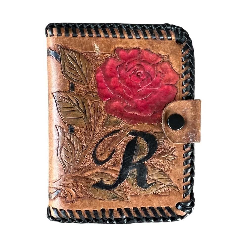 VTG Tooled Leather Boho Wallet Monogram R Whipstitch Trim Multi-Compartmental